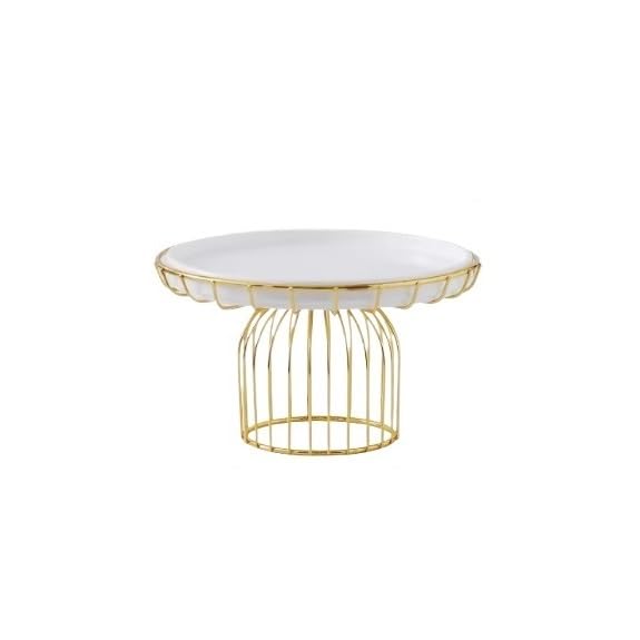 Espositore Portatorte in ferro, piatto da frutta in ceramica con piede alto dorato(Bianco,Piccolo)