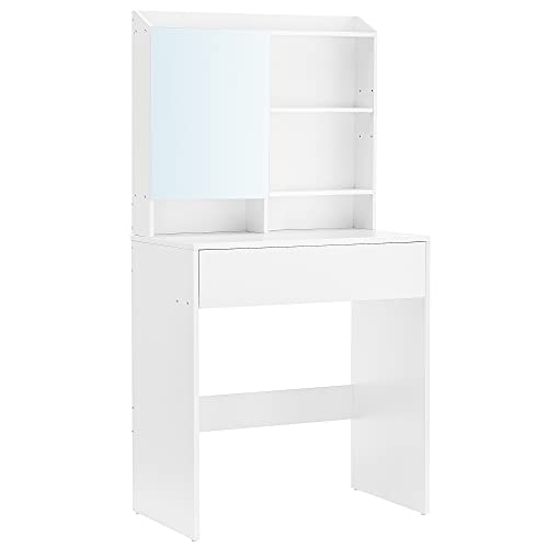 VASAGLE Tocador con Espejo, Mesa de Maquillaje con Armario y cajón con Espejo, Estantes Ajustables, Estilo Moderno, 70 x 40 x 136 cm, Blanco RDT118W01