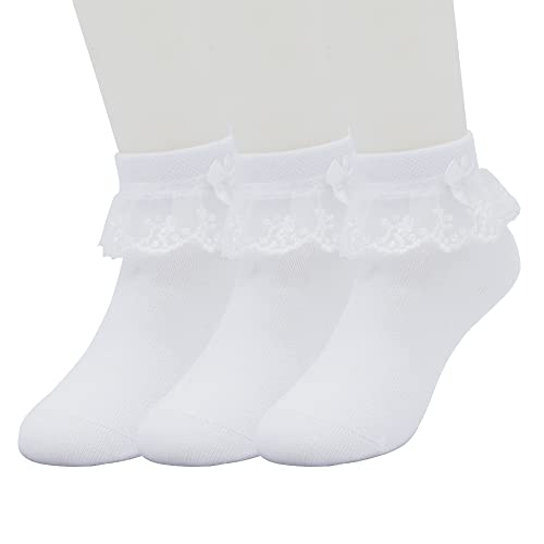 Girls Ruffle School Socks Kids Ankle Socks White Frilly Lace Trim Cotton Socks with Bows 3-16 Years3