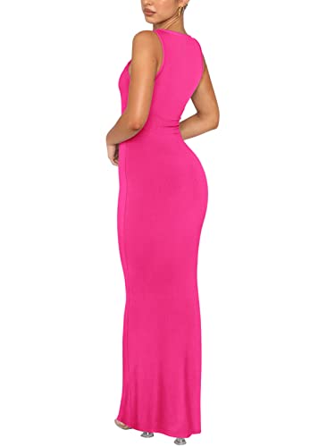 Image of REORIA Women's Basic Summer Sexy Lounge Tank Long Dress Elegant Sleeveless Halter Neck Bodycon Maxi Dresses