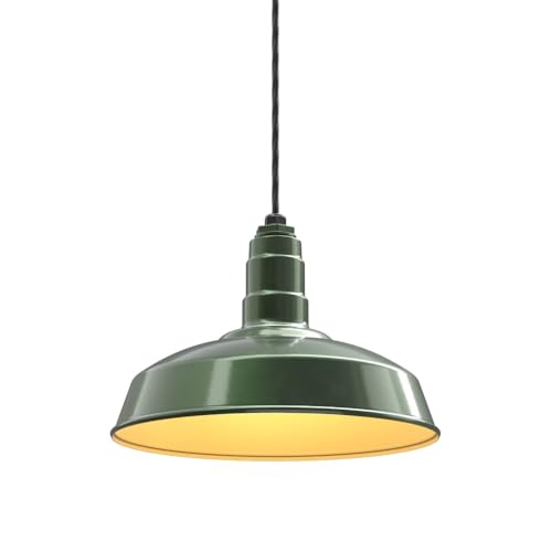 Image of Steel Lighting Co. Carson Barn Light | Ceiling Mounted Pendant | 16 inch Dome | 4' Black Cord | Industrial Style Steel Light Made in America | Hunter Green Exterior /Brass Interior
