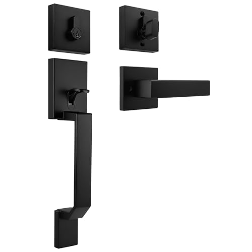 Brotima Matte Black Front Door Handle and Deadbolt Set, Exterior Door Handleset with Interior Reversible Lever, Single Cylinder Front Door Entry Lock Set, Front Door Handles and Locks