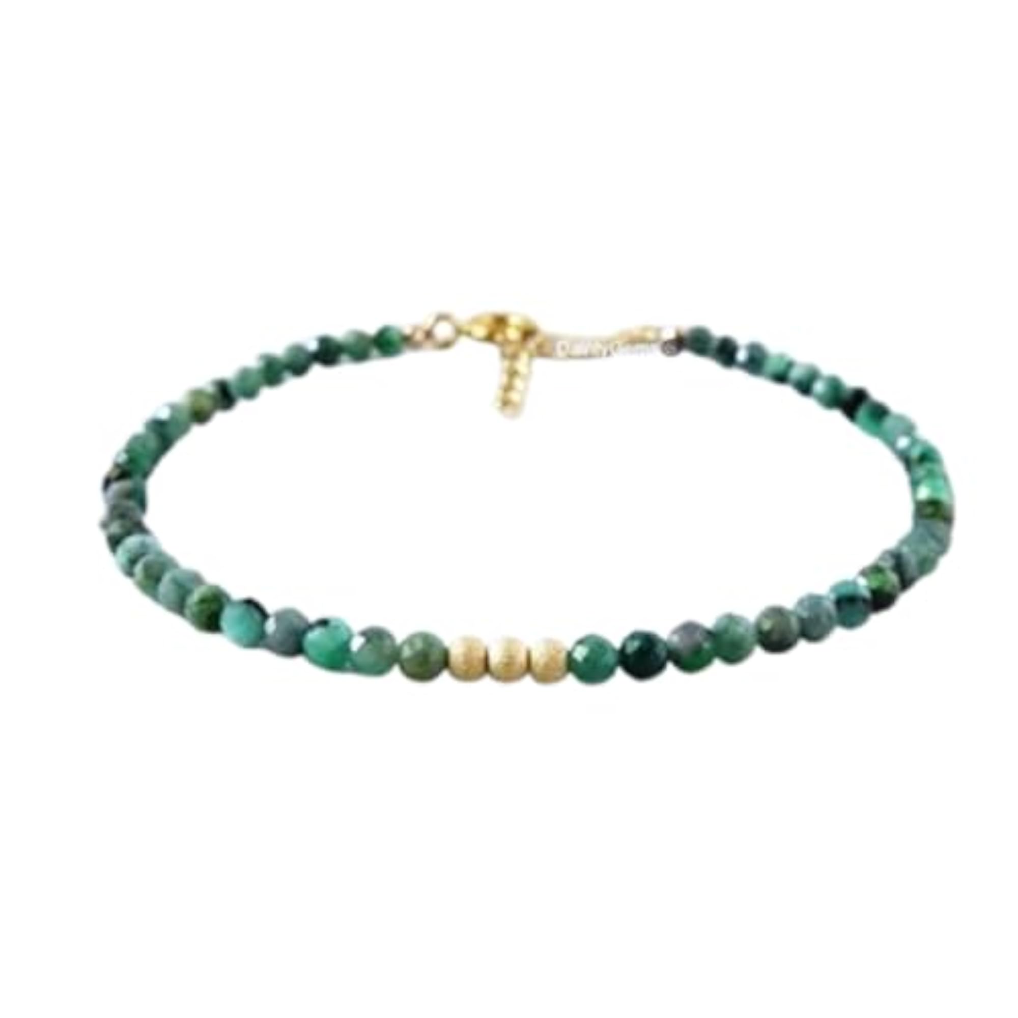 Emerald Round Beaded Bracelet with Gold Lock, Adjustable