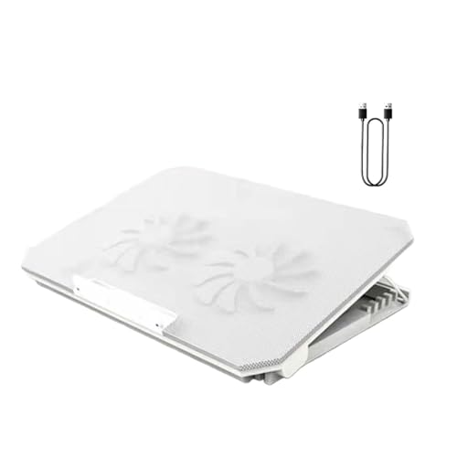 Soporte portátil blanco con doble ventilador para trabajar cómodamente en casa