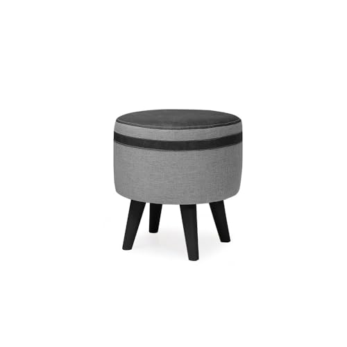 Kit 2 Puffs Lúmina Redondo Modelo Retrô com 4 Pés Assento e Detalhes em Couro - Linho Cinza com Pret