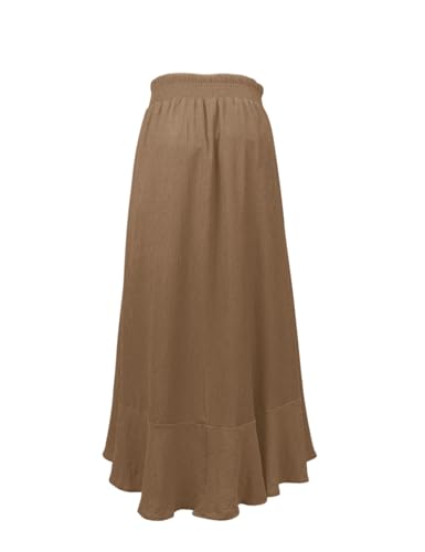 Image of Minclouse Women's Elastic Tie Waist Button Down Maxi Skirts Casual Loose Flowy Swing Slit Front Dress