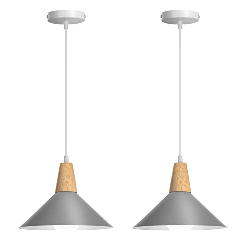 LIGKIN 2 Piezas Lámpara Colgante Industrial Moderna Ø25cm Pantalla Metal Madera Lámpara de Techo Retro E27 Iluminación para Cocina Comedor Cafetería (Gris)