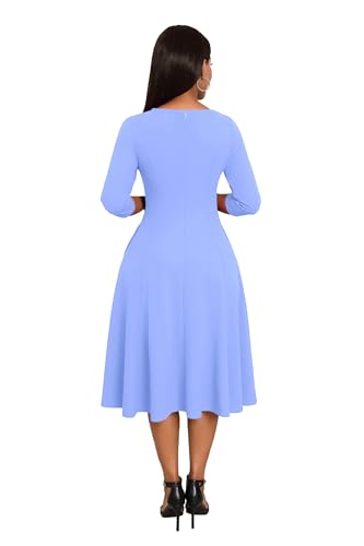 Image of Nmoder Midi Dresses for Women A-Line Fit and Flare Dress 3 /4 Sleeve V Neck Cocktail Wedding Guest Work Dress with Pockets