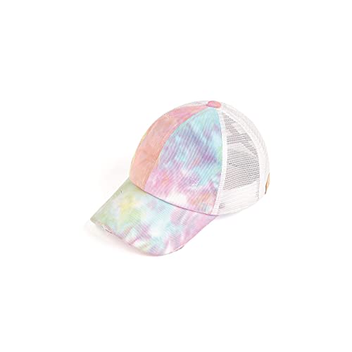 Kids Criss Cross Messy Bun Ponytail Hat - Tie Dye Cotton Candy W/Mesh #TOP2
