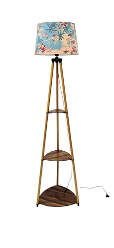 Image of Modern Tripod Floor Lamp with Storage Shelves, Floral Lampshade, Brass Finish, Wood Base, for Living Room, Bedroom