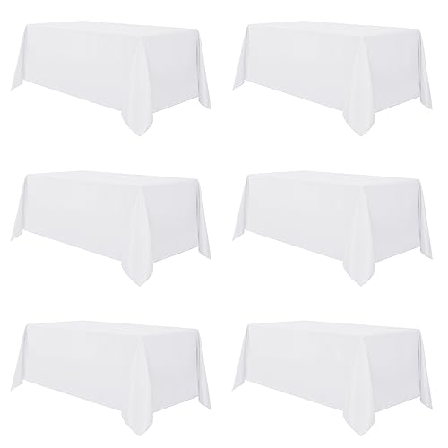 Image of sancua 6 Pack White Tablecloth 90 x 132 Inch - Rectangle Table Cloth for 6 Feet Tables Stain and Wrinkle Resistant Washable Polyester Table Cover for Dining Wedding Banquet Party Buffet Restaurant