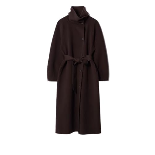 AHUFGN Ullrock kvinnor elegant snörning ullytterrockar kvinnor enkelknäppta fickor full ärm lång kappa höst vinter dam ytterkläder, Brun, L