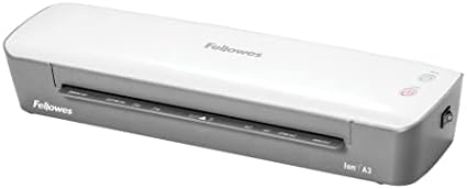 Fellowes Ion A3 Laminator Machine for Office Home School Use - Fast 4 Minute Warm Up Time with Auto Shut Off and Sleep Mode Feature  80-125 Micron  10 Laminating Pouch Starter Pack Included - White