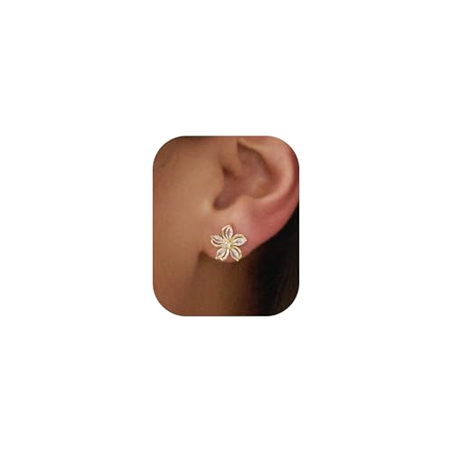 PRTGL Gold Earrings for Women - 14K Gold Plated Flower Cubic Zirconia CZ Stud Wedding Earrings for Bridal Bridesmaid
