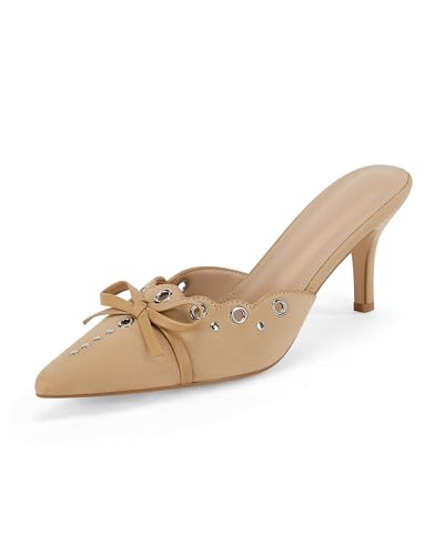 Coutgo Women's Bow Tie Mule Heels Pointed Toe Studded Backless Stilettos Slip On Dress Pump Shoes