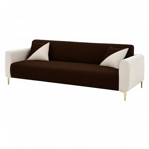 Image of Opera 3 Seater Fabric Sofa Set | Soft Velvet Upholstery, Sturdy Wooden Frame | Modern Sofa for Living Room, Hall & Office Spaces (Dark Brown-Cream)
