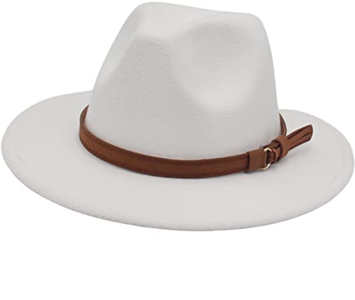 Faringoto Fedora Damen Vintage Wollfilz Hut Unisex Breite Krempe, weiß, Medium