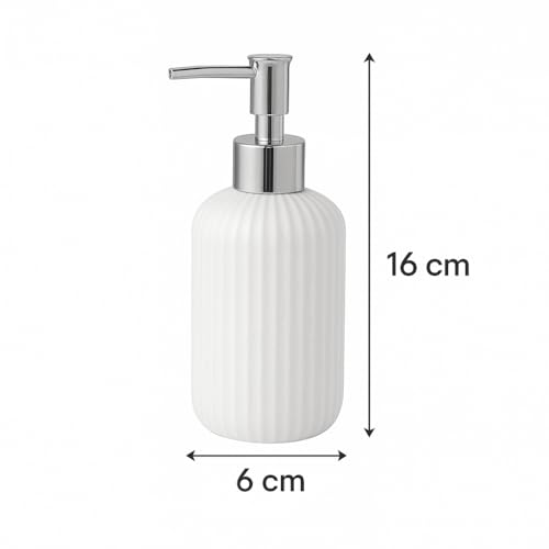 Image of LAGET 300ml Soap Dispenser for Wash Basin -Ribbed Design | Kitchen and Bathroom Accessories Items | Liquid Handwash Dispenser Bottle Chrome Finsih Top- Set of 2 (White and Grey)