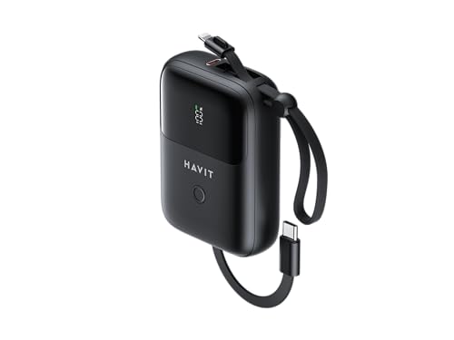 HAVIT Banco de energía de 10000 mAh con cable integrado, cargador portátil de carga rápida con cables USB-C y Lightning, batería externa compacta para iPhone, Samsung, viajes y camping, color negro