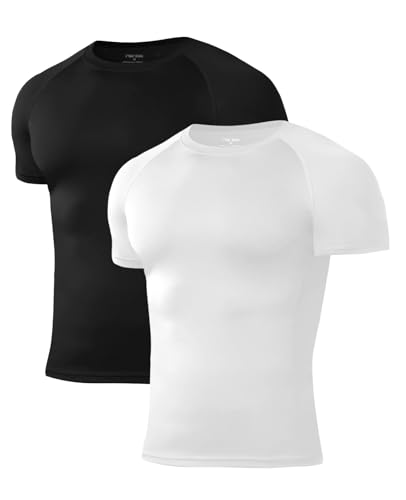 Niksa 2 Pack Kompressionsshirt Herren, Funktionsshirt Atmungsaktiv Sportshirt Herren Kurzarm Schnelltrocknendes Lauf Shirts Gym Shirt, Schwarz, Weiß, L
