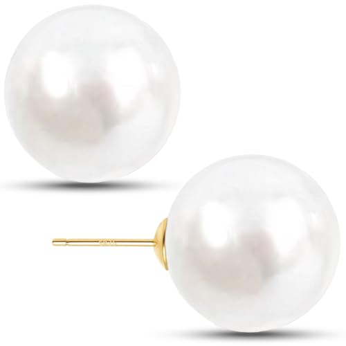 EFTKOY Big Pearl Earrings 18K Gold Plated Sterling Silver Large Faux Round Studs White Pearl Earrings for Women - 14mm
