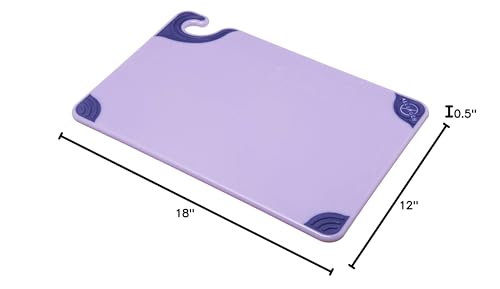 Image of San Jamar Saf-T-Grip Plastic Cutting Board with Safety Hook, 12 inch x 18 inch x 0.5 inch, Purple