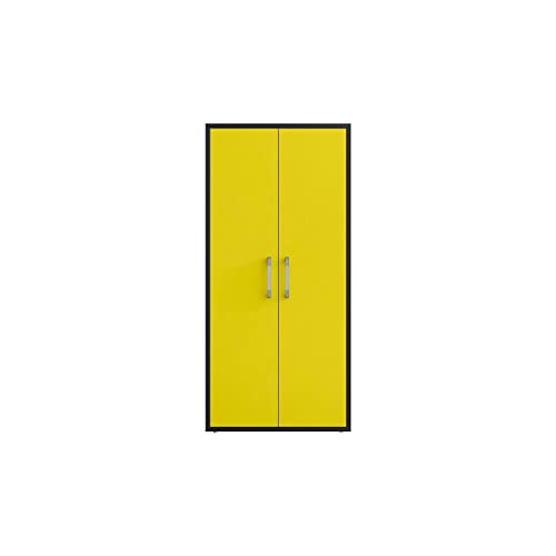 Image of Manhattan Comfort Eiffel 73.43 inch Tall Garage Cabinet with 4 Adjustable Shelves, Soft Close Doors and Stainless Steel Legs, Wooden Storage for Kitchen Pantry, Office, Laundry and Shop, Yellow Gloss