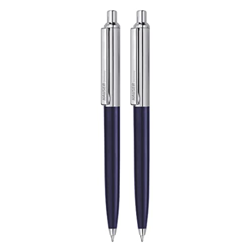 Image of Hauser Berlin Half Metal Ball Pen Box Pack | Retractable Mechanism With Smudge Free Writing | Attractive Designer Pen | Smooth, Sturdy, Refillable Pen | Ideal For Gifting | Blue Ink, Pack Of 2