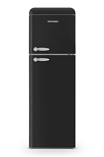 Schneider SCDD309VB, Réfrigérateur 2 portes Vintage, 302L (227+75), Froid brassé, 3 clayettes verre, Pose libre, Thermostat réglable, Noir
