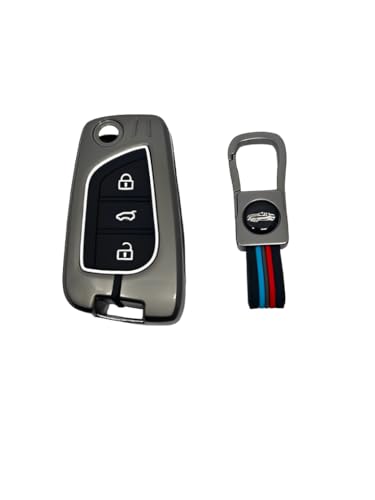Image of BKN Luxury Metal Soft Car Key Cover Shell with Keychain & Full Protection Compatible with Toyota Corolla | Altis | Innova Crysta 3 Button Flip Key Cover