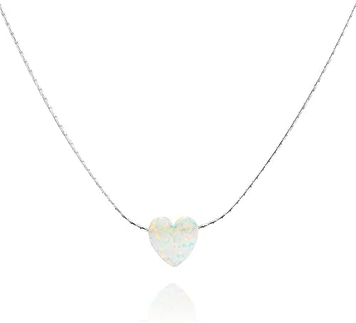 White Opal Heart On Sterling Silver 925 Choker Necklace - Designer Handmade Minimal Collar - Length: 13.5 inch + 3 inch Extender
