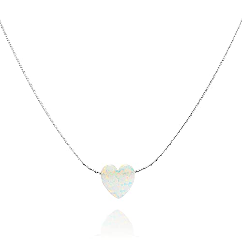 White Opal Heart On Sterling Silver 925 Choker Necklace - Designer Handmade Minimal Collar - Length: 13.5 Inch + 3 Inch Extender #TOP2