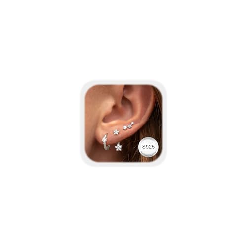 JeweBella Pendientes Mujer Plata de Ley 925 Chapada en Oro de 14K - Pequeños Circonita Hipoalergénicos Aro Plata/Oro Piercing Oreja para Múltiples Piercings
