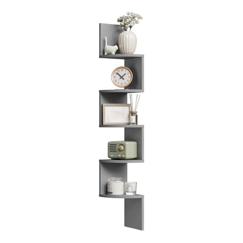 WOLTU Étagère d'angle, Étagère Murale, Étagère Zigzag, Bibliothèque d’Angle à 5 Niveaux, Étagère Grise, pour Salon, Cuisine, Chambre, en MDF,...