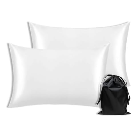 QIYUE Satin Silk Pillowcases x2 Pack with Hidden Zipper/Envelope, Queen Size 20x30 inches Pillow Cases Set of 2, Super Soft and Cooling (White, Queen (U.S. Standard)-Zipper) Cover