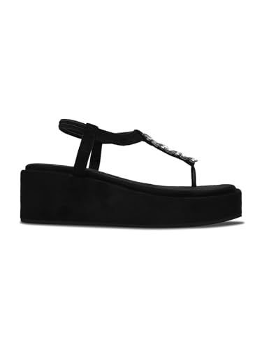 Image of TRYME T-Strap Embellished Wedges Heel Sandals for Women | Soft Suede Comfort Slip-On Sandals for Wedding, Festive & Elegant Styling