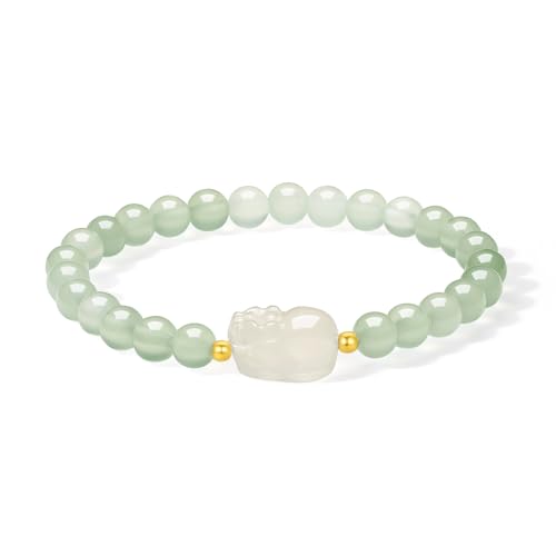 18K Gold Bracelets Chalcedony Beaded Bracelet Pixiu Charm Bracelet Natural Round White/Pink/Green Chalcedony Red Agate Gemstone Stretch Bracelets Healing Bracelet for Women Mom Lover