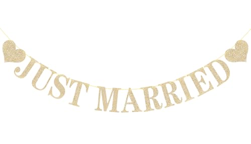 Pre-Strung Just Married Banner NO DIY Just Married Sign Gold Glitter Wedding Banner for Just Married Wedding Reception Ceremony Party and Car Decorations
