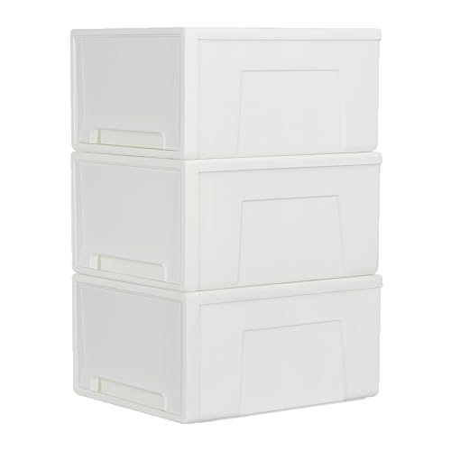 Cetomo 50L*3 Cajón de almacenamiento apilable compacto, organizador de cajones de plástico con puertas blancas para debajo del fregadero, tienda de zapatos y suministros de manualidades, paquete de 3