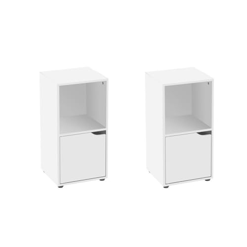 LOLAhome   2 Mesitas de Noche Cubo Color Blanco de 60x30x29 cm. Muebles Auxiliares Compacto de Tablero de 12mm con 1 Puerta y 1 Hueco Abierto para Dormitorio, Salón, Estudio, Oficina