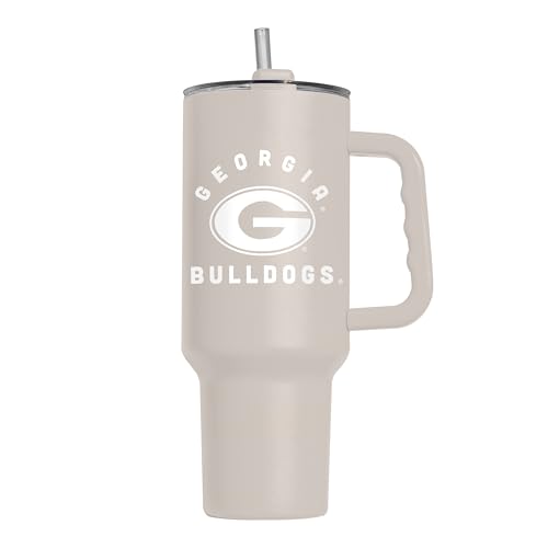 Image of Logo Brands NCAA Georgia Bulldogs Sand 40 oz Tumbler with Handle - Stylish Everyday Use Powder Coated-Stainless Steel with Straw- Keeps Cold For Hours