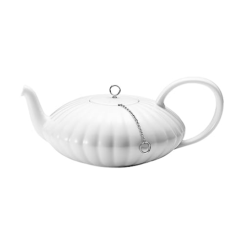 Georg Jensen Bernadotte Tea Pot in White Porcelain with Stainless Steel Infuser - Designed by Sigvard Bernadotte - Elegant Brew Kettle and Strainer