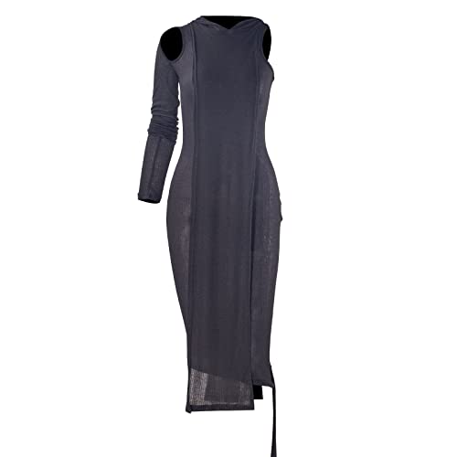 Vwiwv Women's Hooded See Through Bodycon Midi Dress Ribbed Knitted One Shoulder Asymmetric Dress Party Outfits Black #TOP2