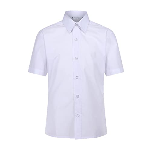 Trutex Basics - Paquete de 2 camisas escolares blancas de manga corta para niños (3-16 años). Camisas blancas de ajuste regular para niños, camisas blancas fáciles de planchar, camisa blanca con
