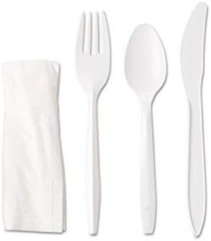 Primesource 250 Heavy Weight Plastic White Cutlery Kits Individually Wrapped Sets Includes Tea-Spoon, Fork, Napkin, Knife, Disposable 4-in-1