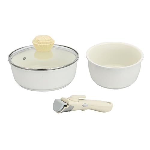 YJKKZQLB Pots and Pans Set, 3 Piece Non Stick Saucepan Set with Removable Handle, Kitchen Cooking Pot Soup Pots for All Stove Hobs, Stackable Design, Aluminium Cookware, Beige