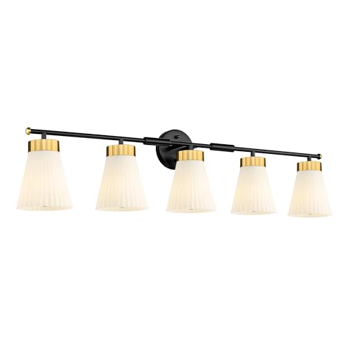Image of Bathroom Wall Sconces, HWH 5-Light Wall Mount Lighting Fixtures for Mirror, Modern Vanity Lights with Frosted Milk White Striped Glass, Black and Gold Finish, 5HZG97B-5W BK+BG
