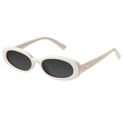 mosanana Retro Oval Sunglasses for Women 90s Small Trendy Fashion Vintage Narrow Tiny Cute Skinny Sun Glasses for Small Face White MS52360