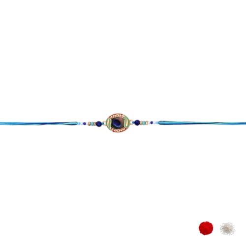 Image of I Jewels Traditional Peacock Feather Designer Rakhi for Men Boys Brother Roli Chawal & Raksha Bandhan Card