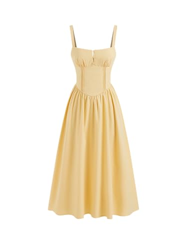 CIDER Summer Ruffle Maxi Dress Cotton Blend Lace Up Square Neck High Waist Casual Flowy Dress Yellow at Amazon Women's Clothing store